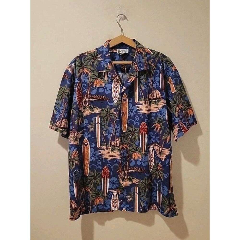 Hawaiian Shirt Blue Tiki Surfboard Palm Tree Made in Hawaii Aloha Republic XL